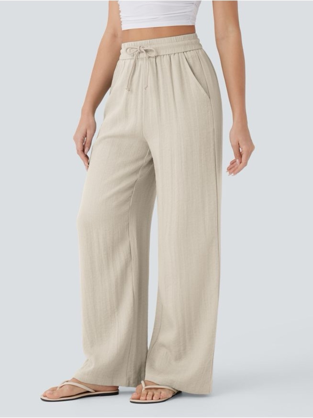 HALARA High Waisted Drawstring Pocket Wide Leg Baggy Casual Linen-Feel Pants